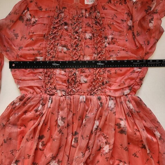 L'ATISTE By Amy Floral Chiffon Midi Dress Plus 1X Peach Pink Front Lacing Accent - Picture 5 of 9